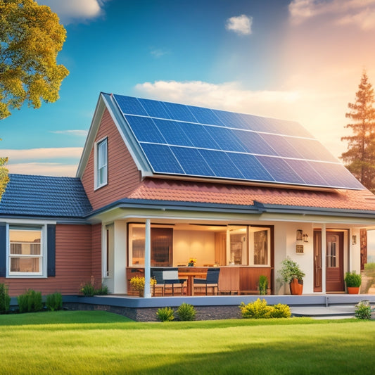 An illustration of a residential house with solar panels on the roof, a meter measuring energy output, and a background with rising sun and decreasing dollar signs.