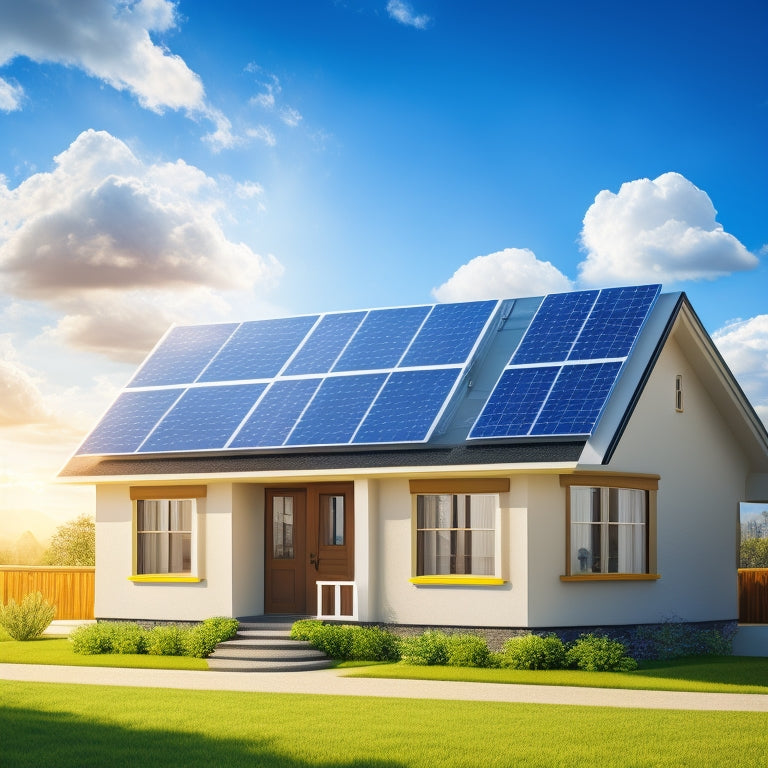 A stylized illustration of a house with solar panels on the roof, surrounded by subtle mathematical symbols and a subtle grid pattern in the background, with a bright blue sky and fluffy white clouds.