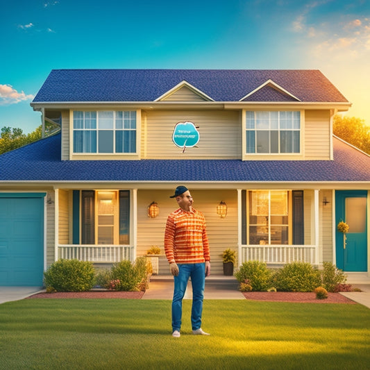 An illustration of a person standing in front of a suburban house with a puzzled expression, surrounded by thought bubbles containing icons of a solar panel, a roof, a wallet, and a calendar.