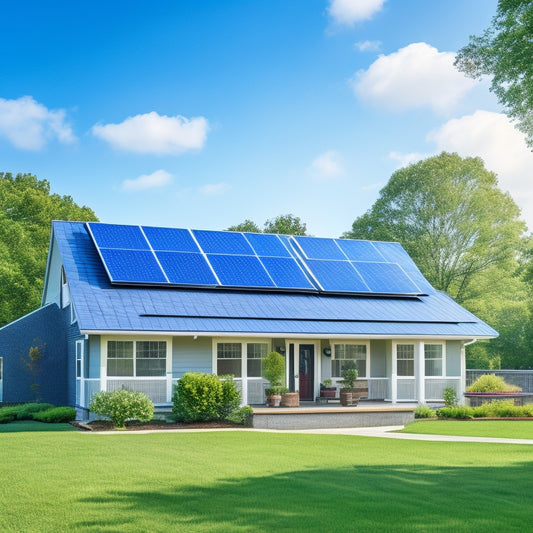 A serene suburban home with a mix of blue and gray solar panels installed on its roof, surrounded by lush green trees, against a bright blue sky with a few white, puffy clouds.