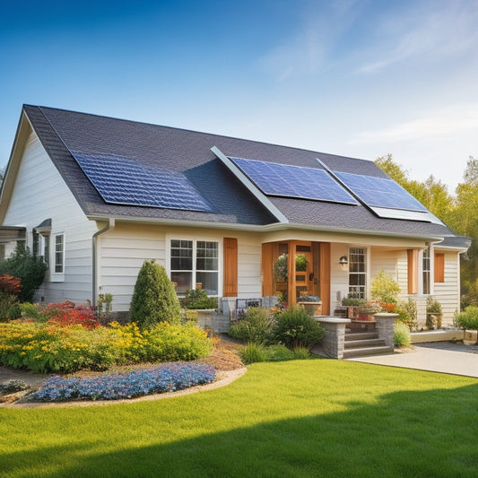 A cozy suburban home with solar panels on the roof, a small wind turbine in the yard, and a lush garden, all under a bright blue sky, showcasing sustainable living and energy independence.