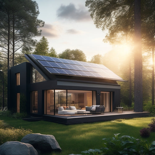 A serene, modern home with a sleek, black solar panel array on the roof, surrounded by lush greenery, with a subtle glow of sunlight reflecting off the panels.