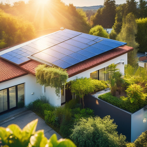 A vibrant rooftop adorned with sleek solar panels glistening under a bright sun, surrounded by lush greenery and a modern home, symbolizing harmony between technology and nature in sustainable living.