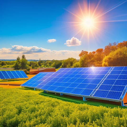 A vibrant solar panel array on a green rooftop, surrounded by lush gardens and wind turbines in the distance, under a bright blue sky, symbolizing renewable energy and sustainability.