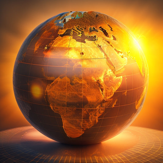 A globe with a solar panel pattern overlay, highlighting top 5 countries with lowest solar electricity prices in shades of bright yellow, orange, and red, surrounded by subtle sun rays.