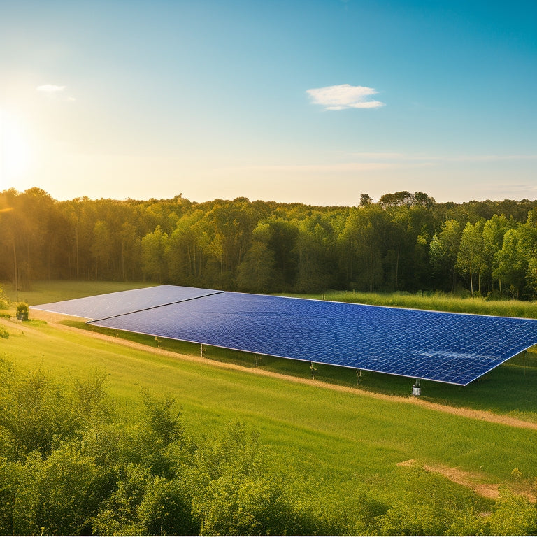 A vibrant solar panel farm under a clear blue sky, surrounded by lush greenery and diverse wildlife. In the foreground, eco-friendly buildings with green roofs and solar installations, symbolizing sustainable investments.