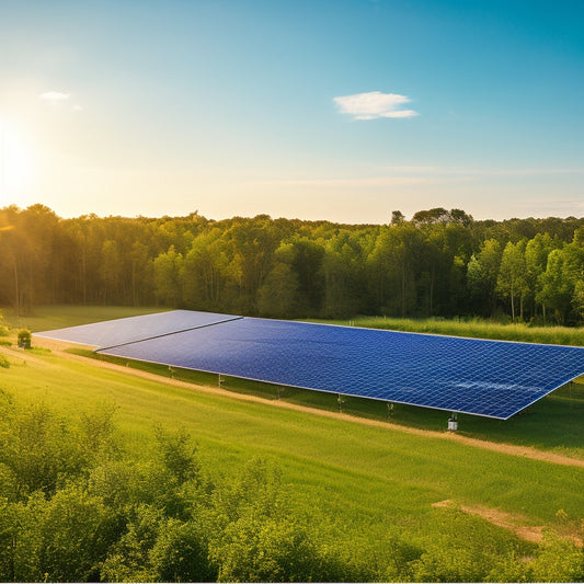 A vibrant solar panel farm under a clear blue sky, surrounded by lush greenery and diverse wildlife. In the foreground, eco-friendly buildings with green roofs and solar installations, symbolizing sustainable investments.