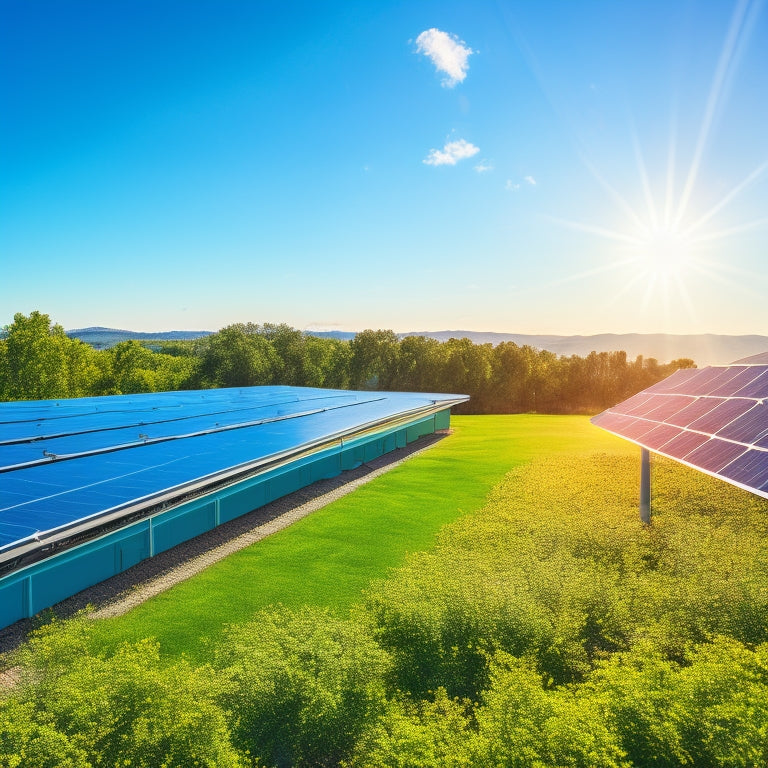 A sleek, modern rooftop adorned with high-efficiency solar panels gleaming under a bright blue sky, surrounded by lush greenery and a sunlit landscape, illustrating cutting-edge renewable energy technology.