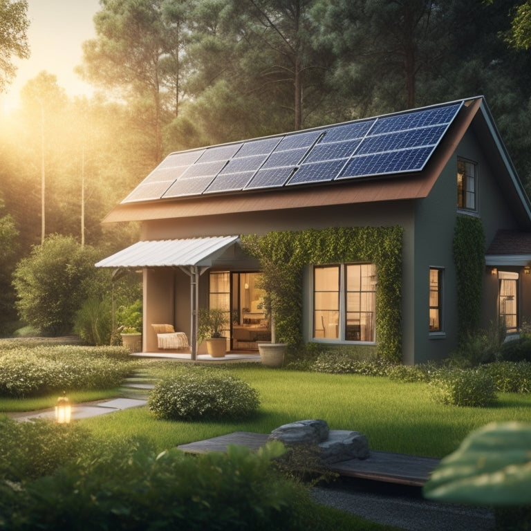 An illustration of a residential house with solar panels on the roof, surrounded by lush greenery, with a subtle glow effect emanating from the panels, and a faint grid of money signs in the background.