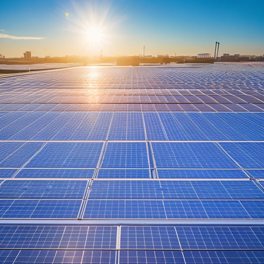 A sunny rooftop with multiple rows of shiny, silver-framed solar panels at an angle, with a subtle grid pattern in the background, and a faint sunbeam radiating from behind the panels.