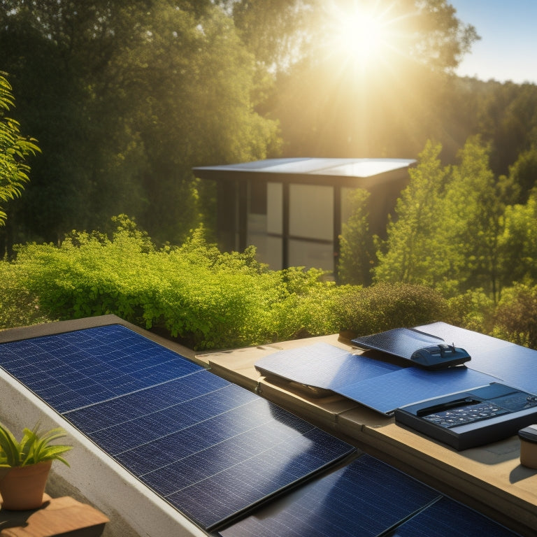 A bright, sunlit rooftop covered in solar panels, surrounded by lush greenery. Include a calculator, tax forms, and a checklist on a table nearby, symbolizing financial planning and the pursuit of solar tax credits.
