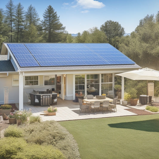 A sunny backyard with a variety of solar panels in the foreground, each with distinct designs, sizes, and mounting systems, surrounded by tools, diagrams, and a clipboard with a checklist.