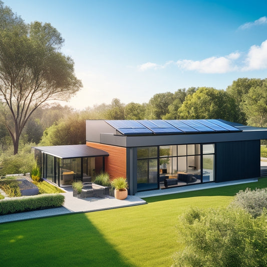 A modern, minimalist home with sleek, black solar panels seamlessly integrated into the rooftop, contrasting with a bright blue sky and lush greenery surrounding the property.