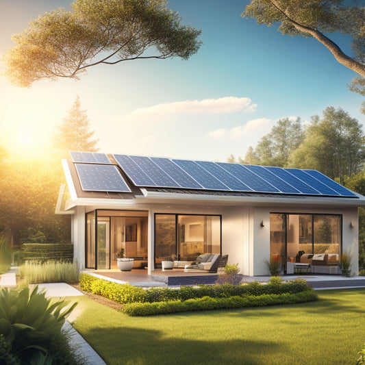 An illustration of a modern suburban home with solar panels on the roof, surrounded by lush greenery and a bright sunny sky, with a subtle glow effect on the panels.