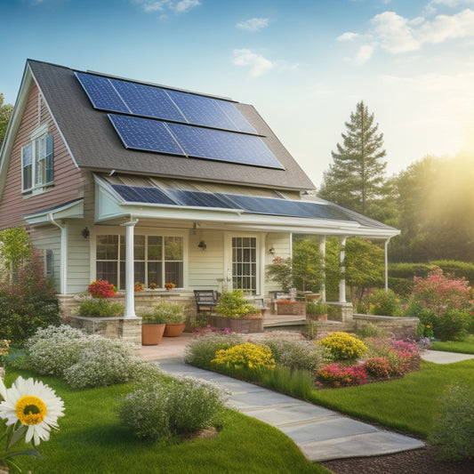 A serene suburban home with solar panels installed on the roof, a ladder leaning against the side, and a toolbox open on the lawn, surrounded by blooming flowers and a sunny sky.