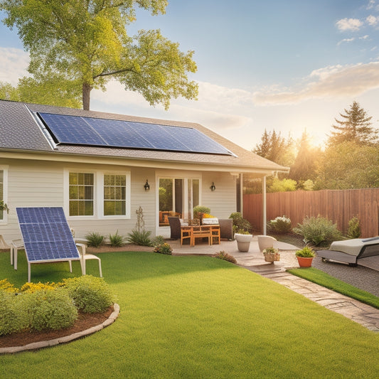 A serene backyard with a partially assembled solar panel array, tools neatly arranged on the ground, a ladder leaning against the house, and a bright sunny sky overhead illuminating the scene.