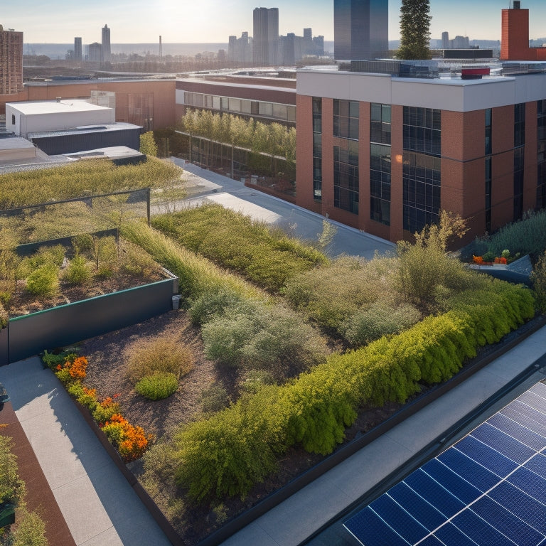 A vibrant urban rooftop garden adorned with sleek solar panels, battery storage units, and lush greenery, showcasing innovative, eco-friendly designs. Sunlight casts dynamic shadows, highlighting the harmonious blend of nature and technology.