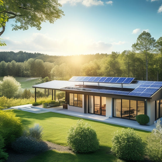 A serene landscape featuring a modern home with solar panels on the roof, surrounded by lush greenery, a bright sun shining down, and a clear blue sky, symbolizing sustainability and savings through solar energy.