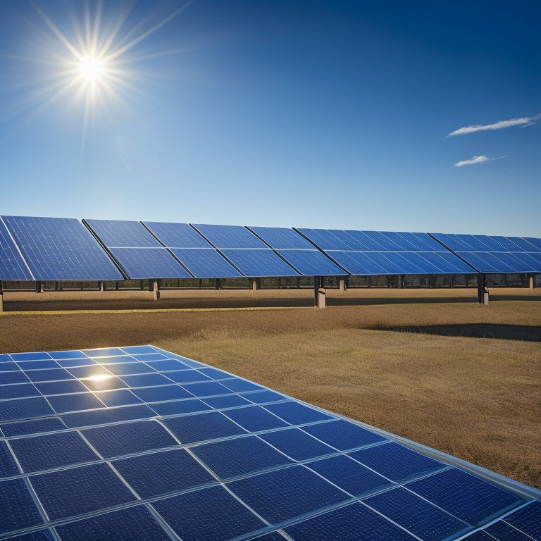 A photorealistic image of a large-scale solar panel array set against a clear blue sky, with rows of sleek black panels angled at 30 degrees, reflecting subtle sunlight.