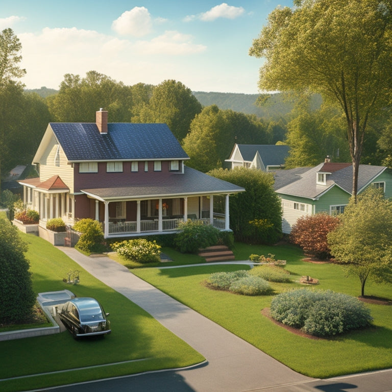 A serene, sunny suburban scene with a mix of houses, some with solar panels installed, and others without, amidst lush greenery, with a subtle hint of electrical wires and meters in the background.