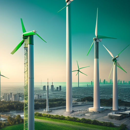 An illustration of a modern, sleek wind turbine standing tall amidst a cityscape or industrial background, surrounded by subtle, glowing green lines and subtle currency symbols (√, £, ¥) in the air.