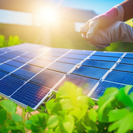 A close-up of hands in gloves carefully cleaning and inspecting solar panels under a bright blue sky, with tools and cleaning supplies visible, surrounded by lush greenery and sunlight reflecting off the panels.