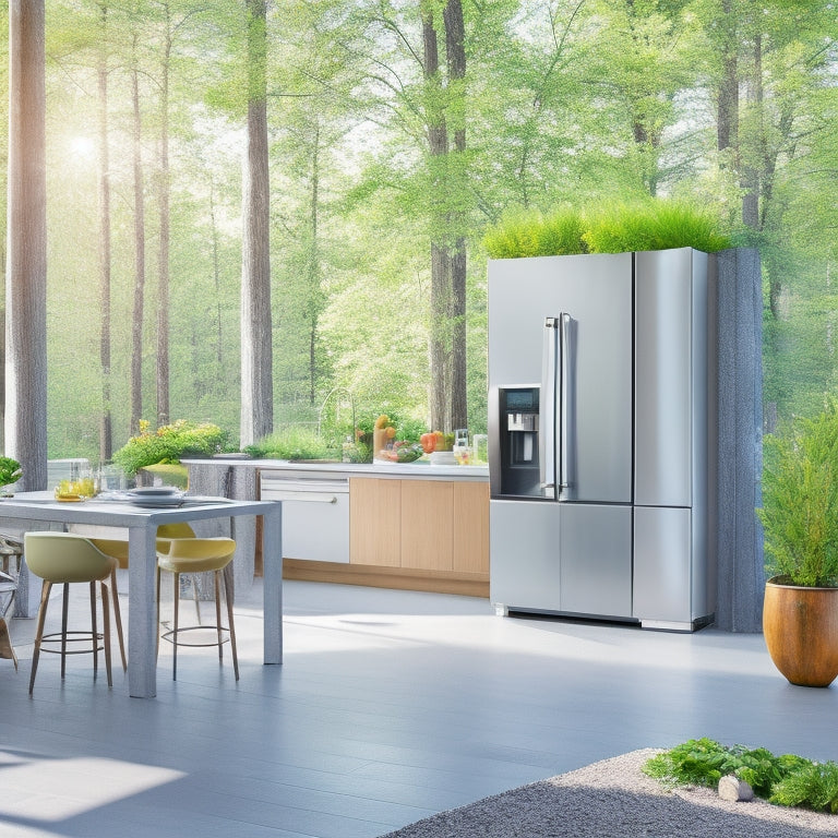 A modern kitchen featuring sleek, energy-efficient appliances: a stainless steel refrigerator, a quiet dishwasher, and an induction cooktop, all surrounded by greenery, sunlight streaming through windows, showcasing a sustainable, eco-friendly lifestyle.