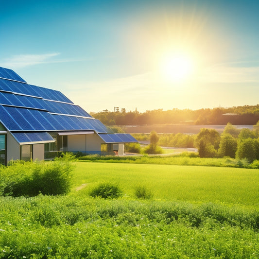 A vibrant landscape featuring sleek solar panels in a sunlit field, surrounded by greenery, with futuristic buildings in the background, showcasing solar roof tiles and vertical gardens. A clear blue sky enhances the scene.