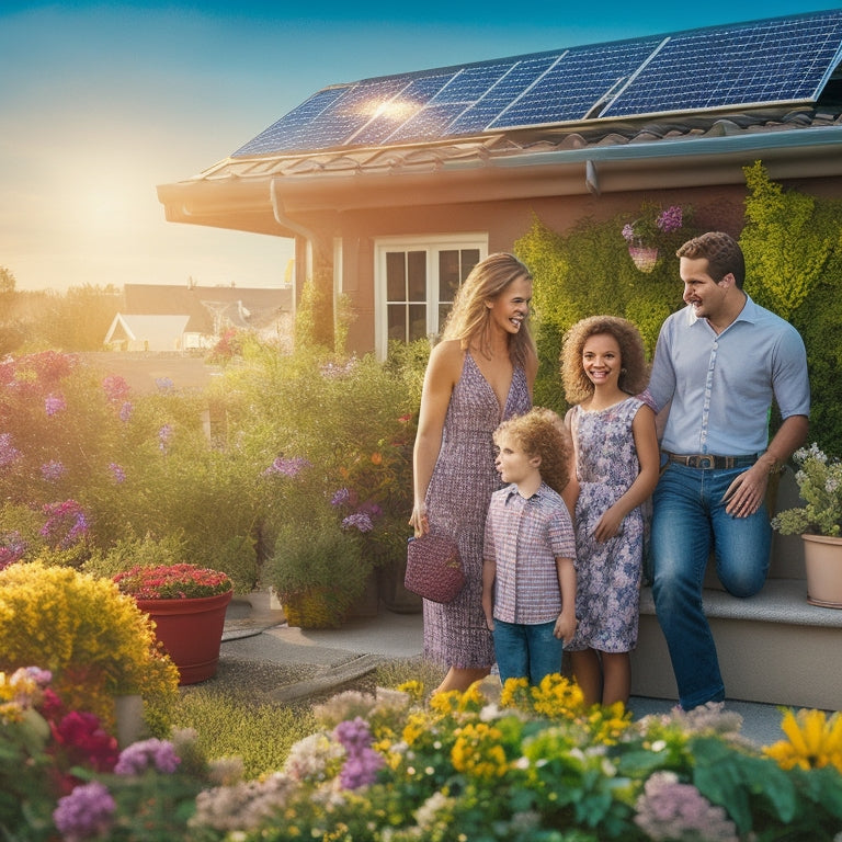 A sunlit rooftop adorned with solar panels, surrounded by lush greenery and vibrant flowers. Below, a family happily inspects their energy-efficient appliances, showcasing savings through eco-friendly choices in a bright, inviting atmosphere.