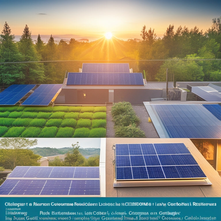 A vibrant solar panel installation on a residential rooftop, surrounded by lush greenery, with a sunlit sky above, showcasing diverse financing options illustrated through colorful infographics and charts integrated into the landscape.