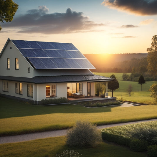 A serene landscape with a building or home in the distance, surrounded by a grid of solar panels with varying angles and shadows, with a faint outline of a calculator in the foreground.