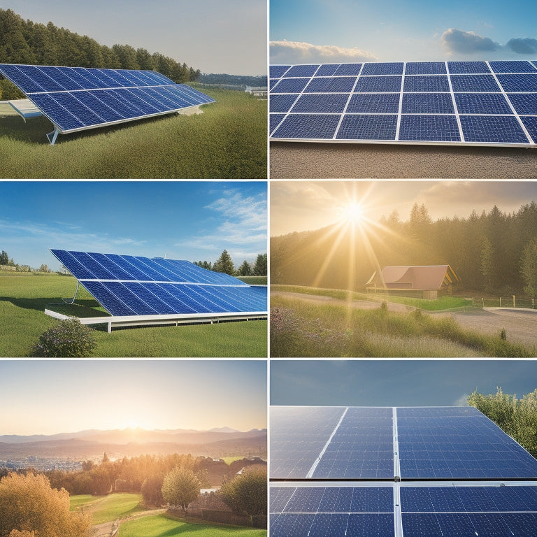 A sunny landscape with 10 distinct solar panel installations on rooftops, each with a unique company logo and varying panel arrangements, surrounded by greenery and urban scenery.