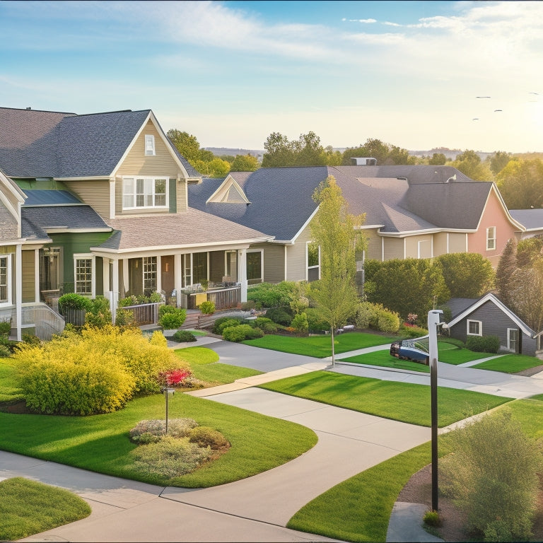 A vibrant suburban neighborhood with energy-efficient homes, solar panels on rooftops, a wind turbine, and a family receiving a check; lush greenery symbolizing eco-friendly living and financial growth.