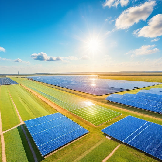 A futuristic solar farm with sleek, high-tech solar panels, vibrant green fields, and a bright sun overhead. Show scientists analyzing data on tablets, showcasing innovative designs, and a clear blue sky reflecting advancements in renewable energy.