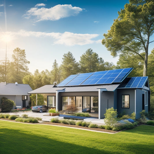 A serene suburban landscape with a modern, eco-friendly home featuring a sleek, black solar panel array on the roof, surrounded by lush greenery and a bright blue sky with few, puffy clouds.