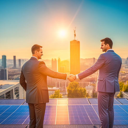 A commercial building rooftop covered in solar panels, bathed in bright sunlight, with a backdrop of a bustling cityscape. In the foreground, a handshake between two business people, symbolizing successful government incentives.