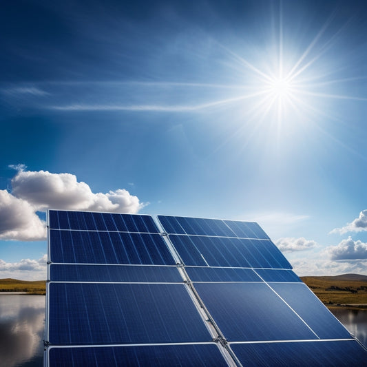 A futuristic, minimalist background with 5-7 sleek, modern solar panels of varying sizes, arranged in a staggered layout, with subtle shadows and reflections, set against a bright blue sky with a few wispy clouds.