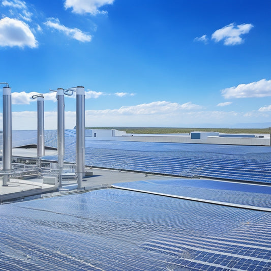 A stylized illustration of a commercial building's rooftop with sleek, silver solar panels angled at 30 degrees, surrounded by curved pipes, wires, and sleek machinery, set against a bright blue sky.