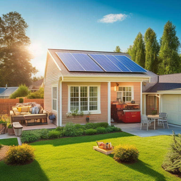 A sunny backyard with a house in the background, featuring a ladder leaning against the roof, a toolbox, and a solar panel array being installed, with a subtle grid pattern in the foreground.