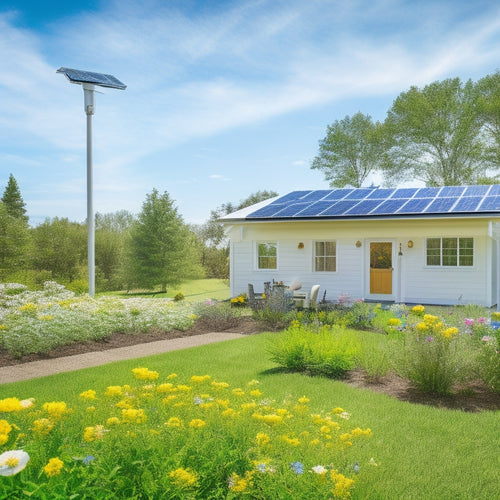 A sunny backyard with a modern solar panel array, a smart energy meter, and a few blooming flowers, set against a bright blue sky with a few white, puffy clouds.