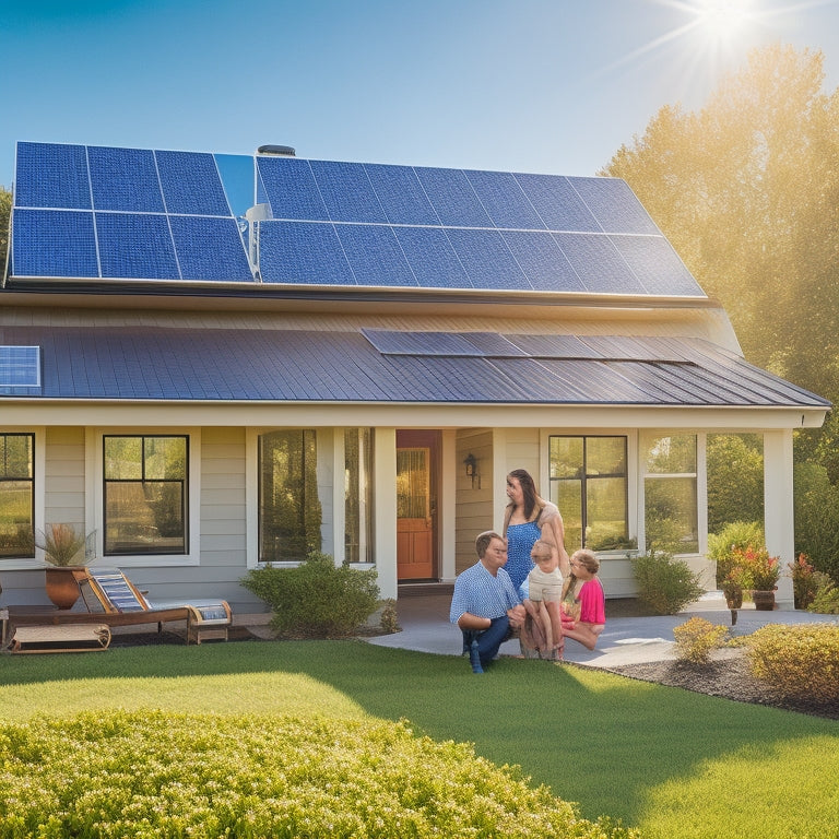 A vibrant suburban home with solar panels on the roof, basking in sunlight. Lush greenery surrounds the property, a clear blue sky above, and a happy family enjoying their outdoor space, embodying energy independence.