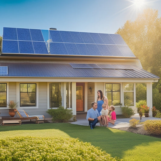 A vibrant suburban home with solar panels on the roof, basking in sunlight. Lush greenery surrounds the property, a clear blue sky above, and a happy family enjoying their outdoor space, embodying energy independence.