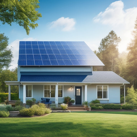 A serene suburban home with a mix of bright blue and dark gray solar panels installed on its roof, surrounded by lush greenery and a bright sunny sky with fluffy white clouds.