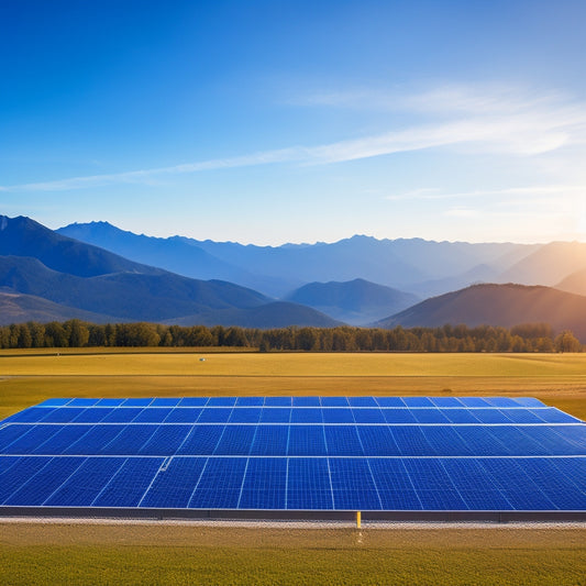 A serene landscape with a vast, cloudless blue sky, featuring a sprawling solar farm with rows of sleek, black photovoltaic panels angled towards the sun, surrounded by lush greenery and a distant mountain range.