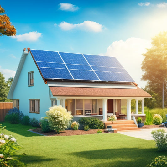 A photorealistic illustration of a suburban house with solar panels installed on the roof, surrounded by calculators, blueprints, and various tools, set against a sunny blue sky with fluffy white clouds.