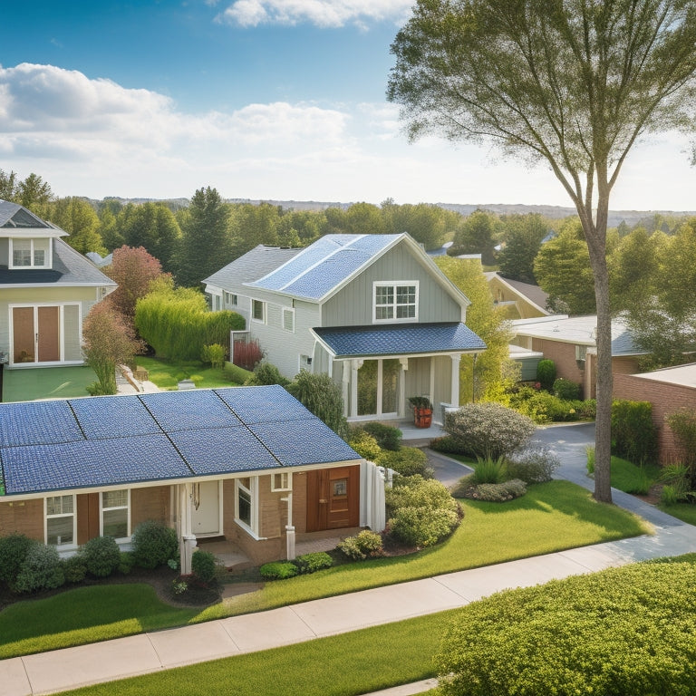 A serene suburban neighborhood with various houses featuring rooftop solar panels, each with a unique installation and panel design, surrounded by lush greenery and a bright blue sky with fluffy white clouds.