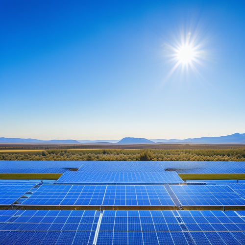 A serene landscape featuring a vast, cloudless blue sky with a subtle gradient of light blue to deep blue, intersected by rows of sleek, silver solar panels.