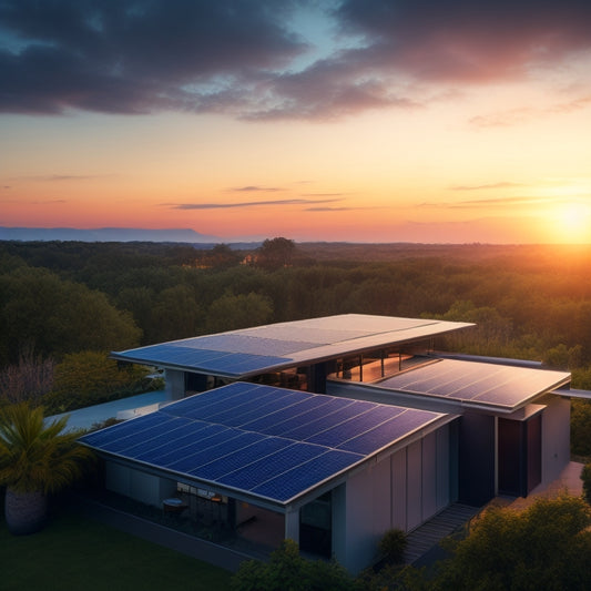 A modern, sleek rooftop with multiple compact solar panels in a staggered formation, surrounded by lush greenery, with a subtle glow emanating from the panels during a serene sunset.