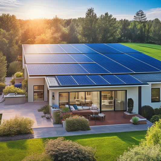 A sunlit rooftop adorned with sleek solar panels, surrounded by vibrant green landscaping. A cozy, energy-efficient home with large windows, showcasing a modern aesthetic, and a bright blue sky above, symbolizing renewable energy.