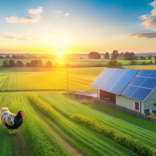 A vibrant rural landscape with solar panels glistening under the sun, surrounded by lush fields and a farmhouse. A farmer smiles, tending to crops, while chickens roam freely, showcasing sustainable energy in harmony with nature.